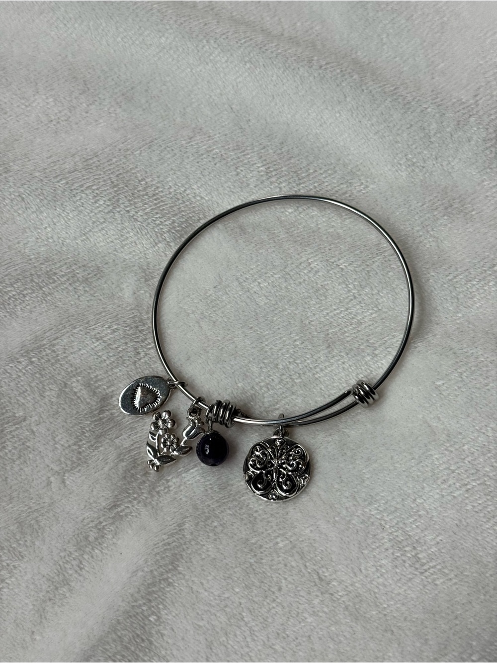 Silver-Tone Butterfly Charm Bangle Bracelet with Black Stone Accent